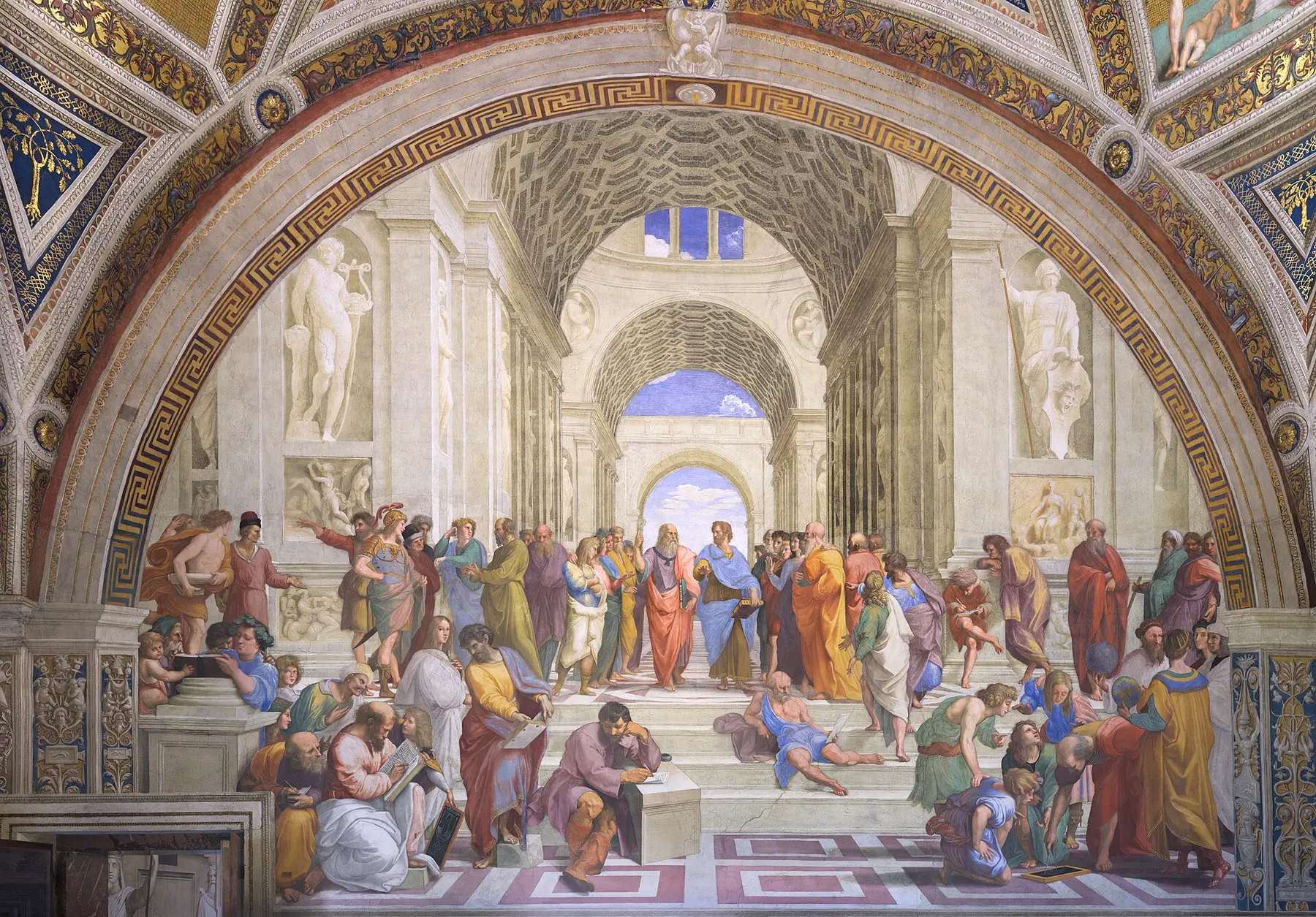 Philosophers and scholars assembled beneath monumental arches.